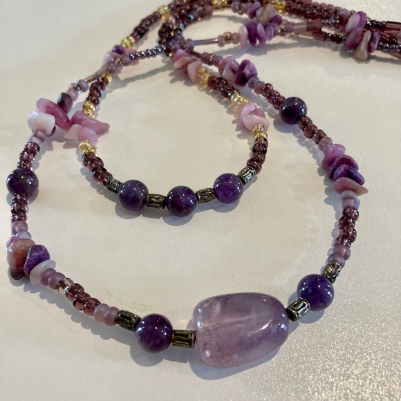Multilayered Amethyst? Beaded Double Strand Semi Precious Boho Necklace - Picture 6 of 16